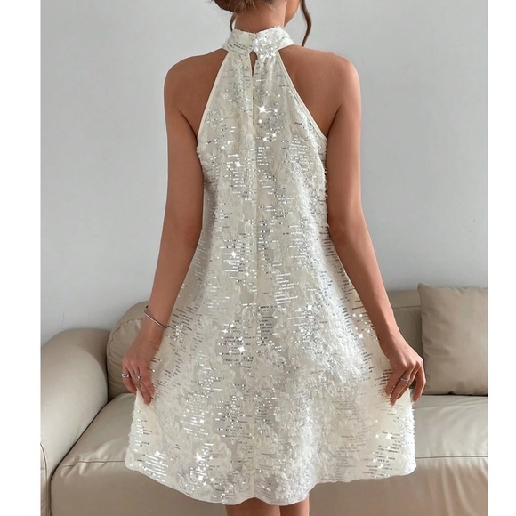 Luxe Sequin Fuzzy Party Evening Holiday Halter Dress - Picture 5 of 5
